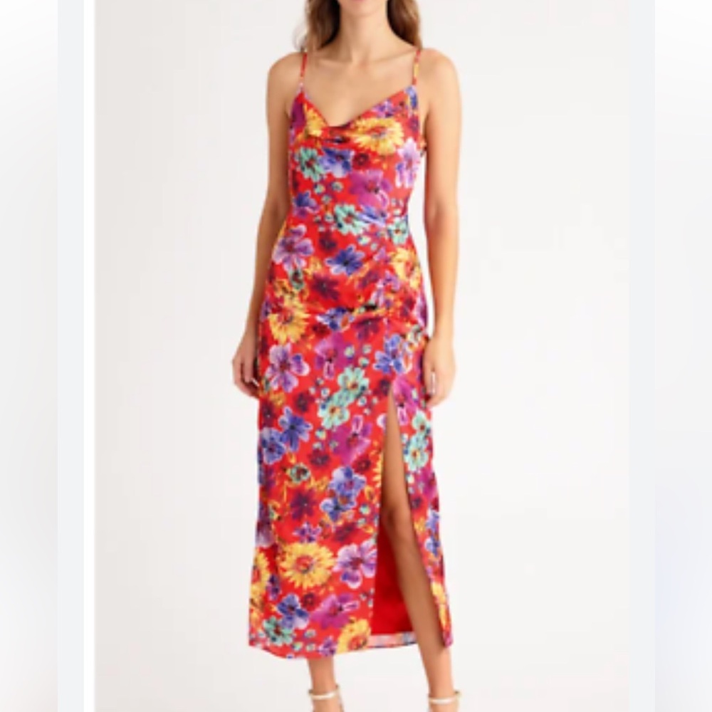 Milly Red Floral Maxi Dress with Cowl Neck